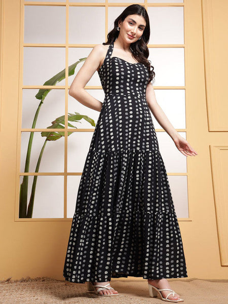 Women Polka Dot Printed Halter Neck Tiered Fit & Flare Maxi Dress VitansEthnics