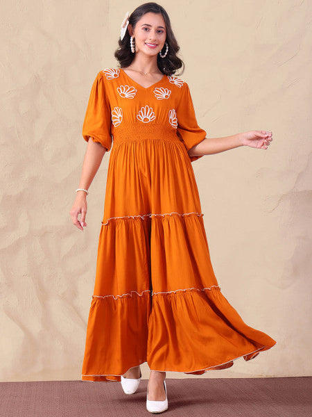Women V-Neck Puff Sleeve Maxi Dress VitansEthnics