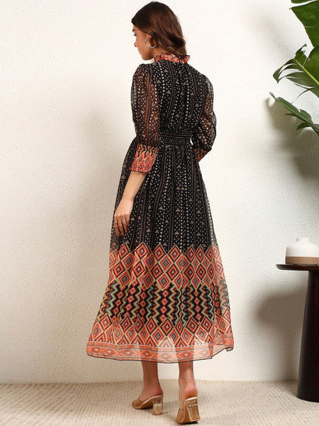 Women Print Chiffon A-Line Midi Dress VitansEthnics