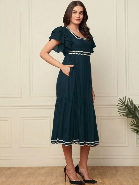 Women Flutter Sleeve Ruffled Fit & Flare Midi Dress VitansEthnics