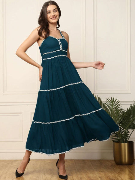 Women Teal Sweetheart Neck Fit & Flare Maxi Dress VitansEthnics