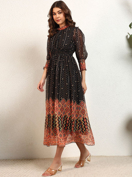 Women Print Chiffon A-Line Midi Dress VitansEthnics