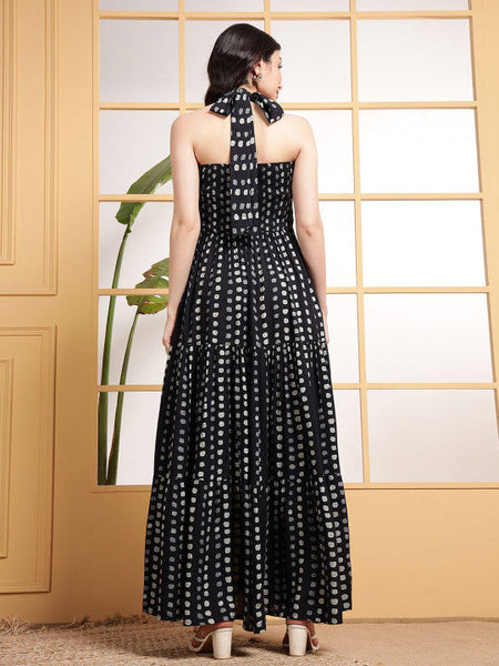 Women Polka Dot Printed Halter Neck Tiered Fit & Flare Maxi Dress VitansEthnics