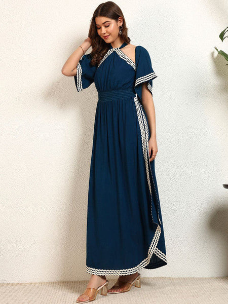 Women Halter Neck Flared Sleeve Slit A-Line Maxi Dress VitansEthnics