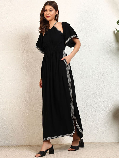 Women Solid Halter Neck Slit A-Line Maxi Dress VitansEthnics
