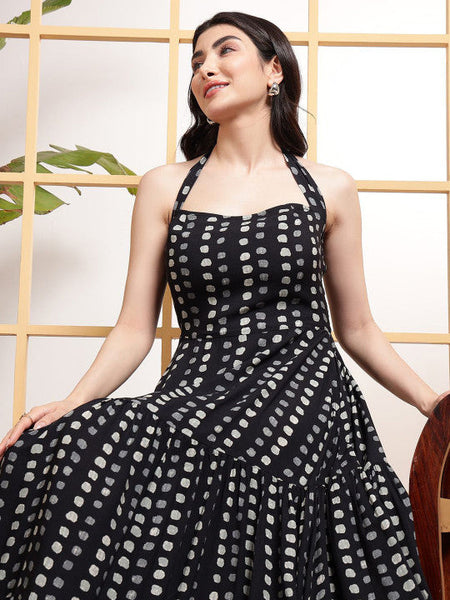Women Polka Dot Printed Halter Neck Tiered Fit & Flare Maxi Dress VitansEthnics