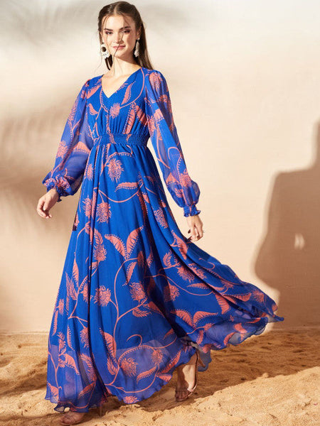 Women's Floral Print Chiffon Maxi Dress VitansEthnics