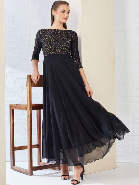 Women Self Design Side Pocketed Georgette Fit and Flare Maxi Length Dress VitansEthnics