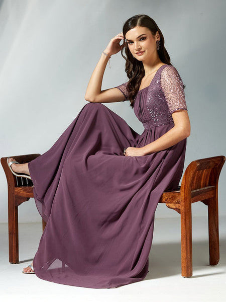 Womens Embellished Georgette A-Line Maxi Dress VitansEthnics