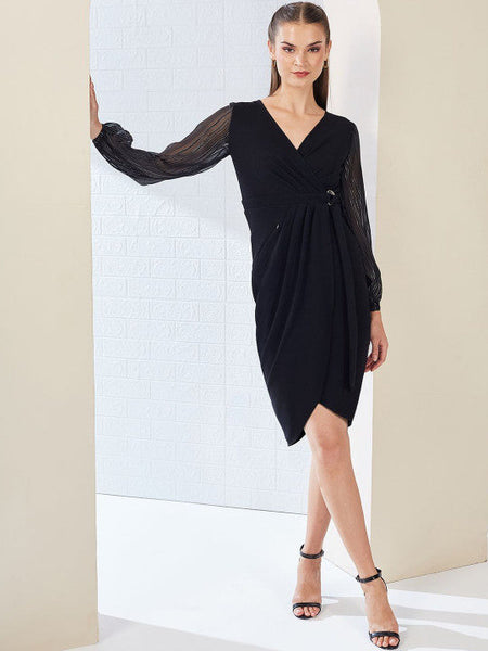 Women V Neck Bishop Sleeves Front Pocketed Polyester Wrap Knee-Length Dress VitansEthnics