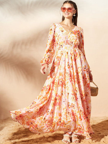 Women's Floral Print Chiffon A-Line Maxi Dress VitansEthnics