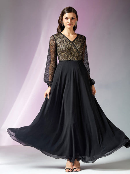 Black Lace Self-design Georgette Fit Flare Maxi Dress Balloon Sleeves Dresses VitansEthnics