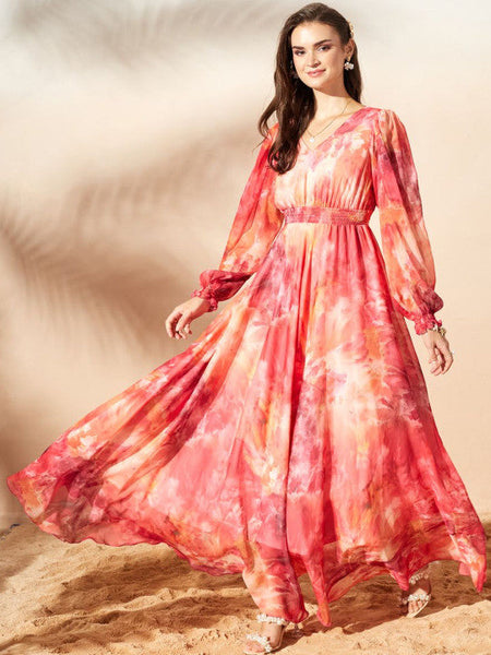 Women's Tie and Dye Print Chiffon Maxi Dress VitansEthnics