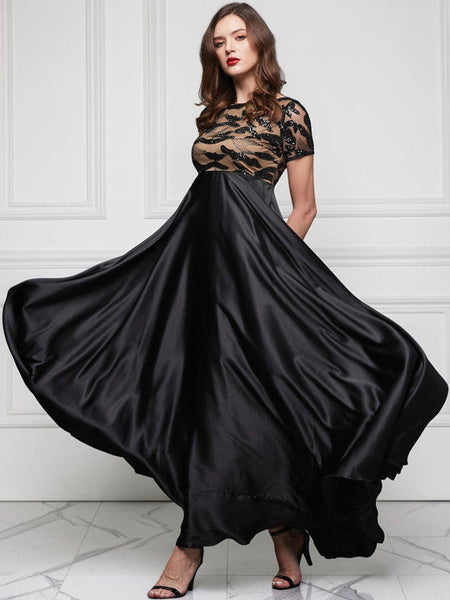 Women Black Boat-Neck Short-Sleeve Abstract Fit & Flare Satin Maxi Dress VitansEthnics
