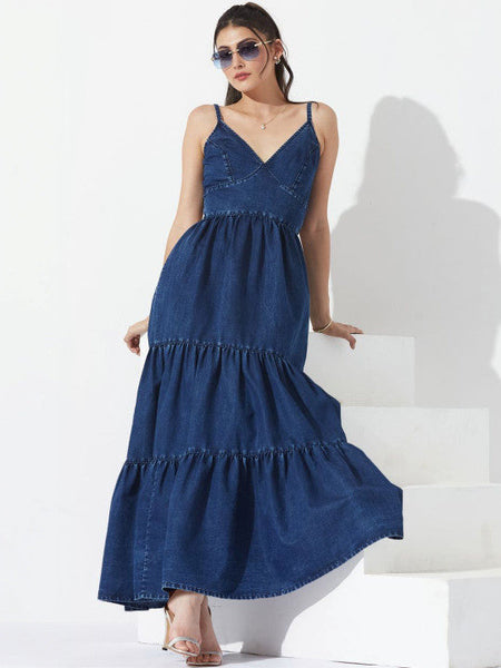 Women's Blush Shore Denim Maxi Dress VitansEthnics