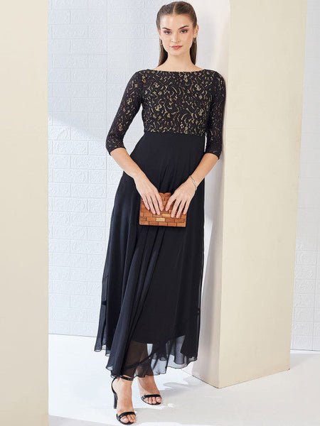 Women Self Design Side Pocketed Georgette Fit and Flare Maxi Length Dress VitansEthnics