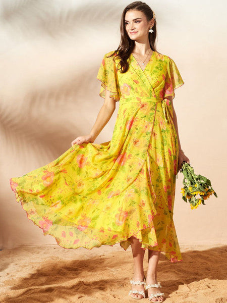 Women's Floral Print Flutter Sleeve Chiffon Midi Dress VitansEthnics