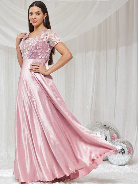 Women Sweetheart Neck Half Sleeve Embellished Maxi Satin Dress VitansEthnics