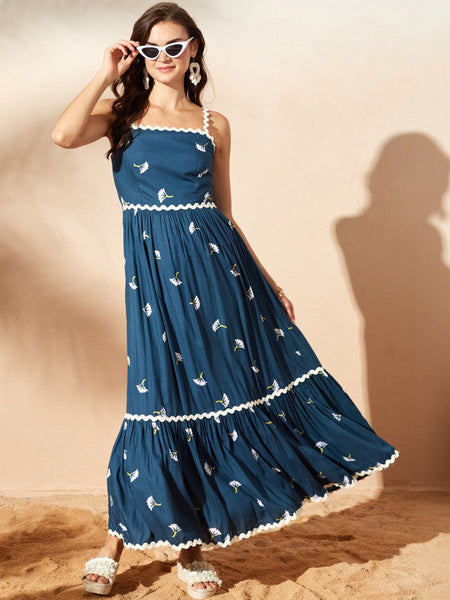 Women's Floral Print Ruffled Maxi Dress VitansEthnics