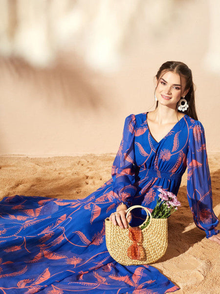 Women's Floral Print Chiffon Maxi Dress VitansEthnics