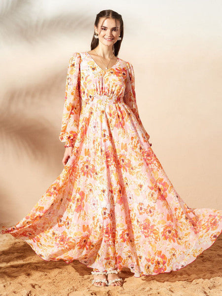 Women's Floral Print Chiffon A-Line Maxi Dress VitansEthnics