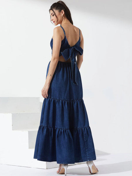 Women's Blush Shore Denim Maxi Dress VitansEthnics