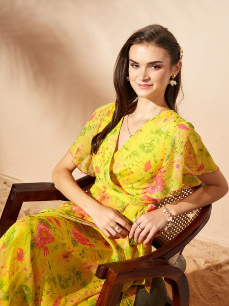 Women's Floral Print Flutter Sleeve Chiffon Midi Dress VitansEthnics