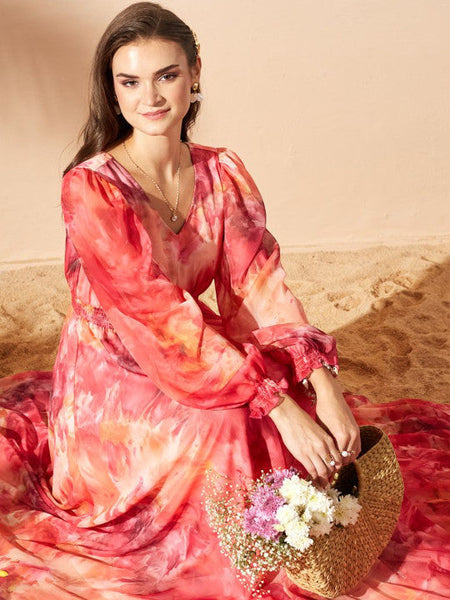 Women's Tie and Dye Print Chiffon Maxi Dress VitansEthnics