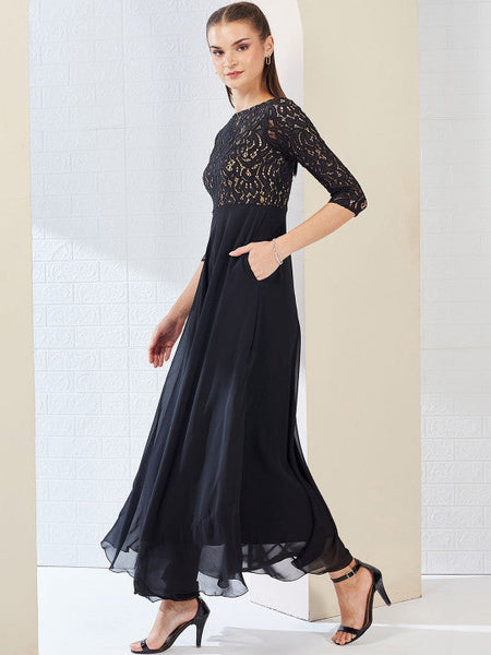 Women Self Design Side Pocketed Georgette Fit and Flare Maxi Length Dress VitansEthnics