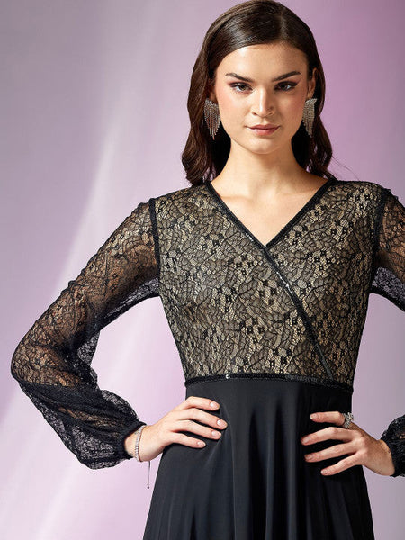 Black Lace Self-design Georgette Fit Flare Maxi Dress Balloon Sleeves Dresses VitansEthnics