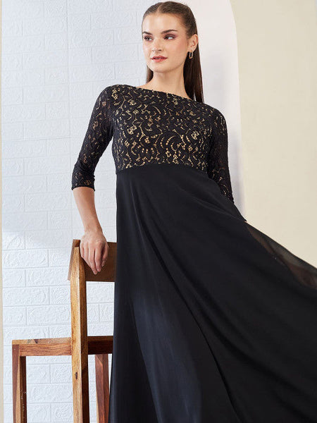 Women Self Design Side Pocketed Georgette Fit and Flare Maxi Length Dress VitansEthnics