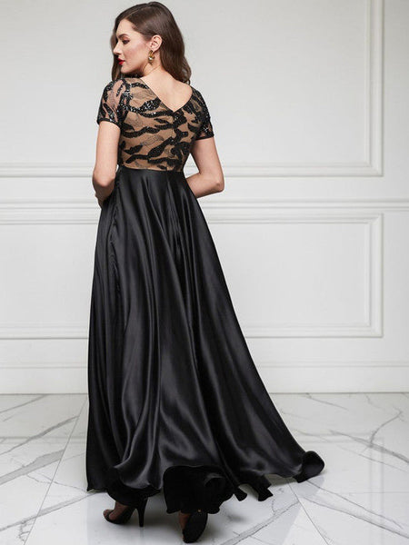 Women Black Boat-Neck Short-Sleeve Abstract Fit & Flare Satin Maxi Dress VitansEthnics