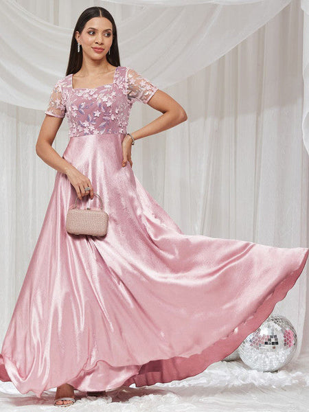 Women Sweetheart Neck Half Sleeve Embellished Maxi Satin Dress VitansEthnics