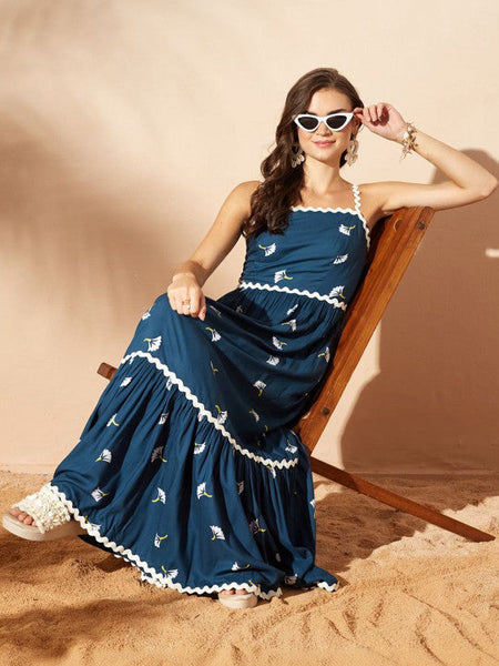 Women's Floral Print Ruffled Maxi Dress VitansEthnics
