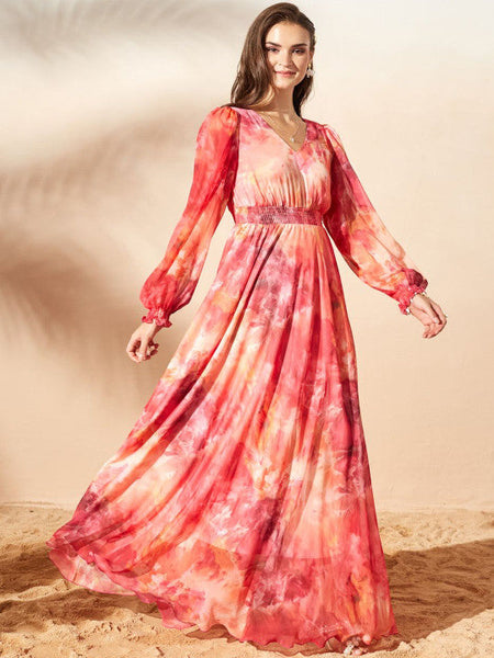 Women's Tie and Dye Print Chiffon Maxi Dress VitansEthnics