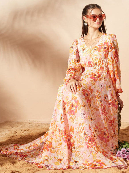 Women's Floral Print Chiffon A-Line Maxi Dress VitansEthnics