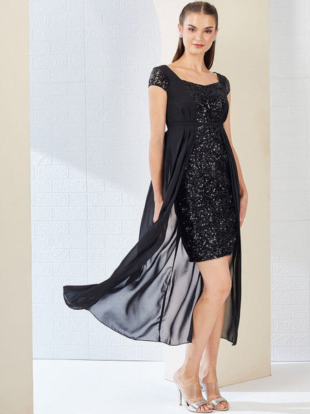 Women's Black Embellished Fit & Flare Maxi Dress VitansEthnics