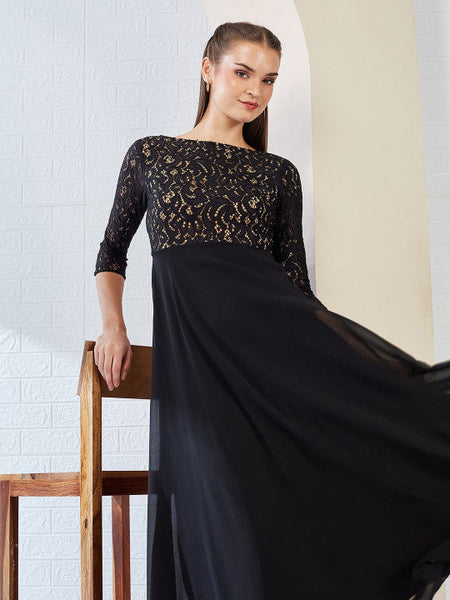 Women Self Design Side Pocketed Georgette Fit and Flare Maxi Length Dress VitansEthnics