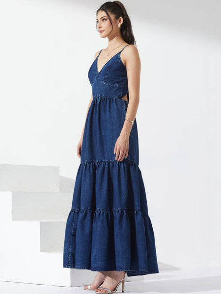 Women's Blush Shore Denim Maxi Dress VitansEthnics