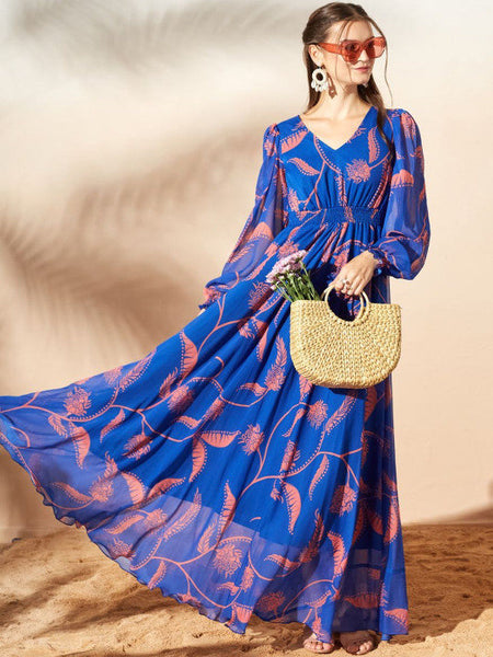 Women's Floral Print Chiffon Maxi Dress VitansEthnics