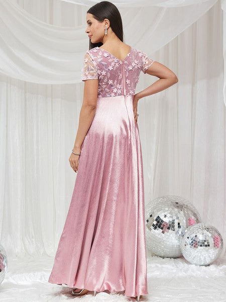 Women Sweetheart Neck Half Sleeve Embellished Maxi Satin Dress VitansEthnics