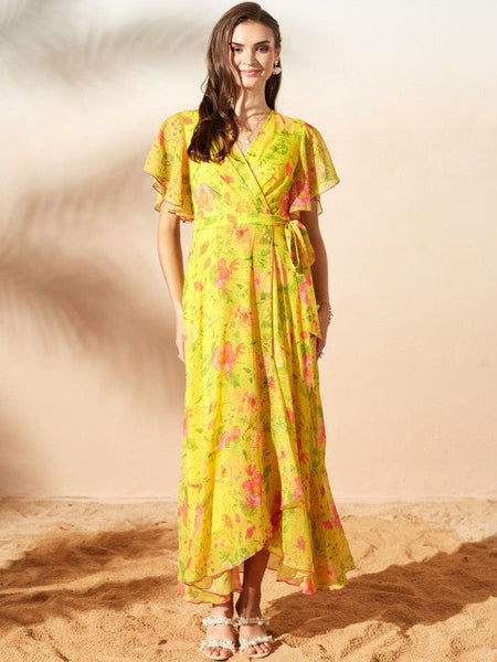 Women's Floral Print Flutter Sleeve Chiffon Midi Dress VitansEthnics