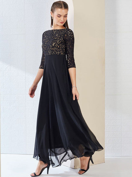 Women Self Design Side Pocketed Georgette Fit and Flare Maxi Length Dress VitansEthnics