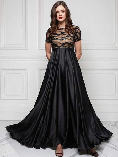 Women Black Boat-Neck Short-Sleeve Abstract Fit & Flare Satin Maxi Dress VitansEthnics