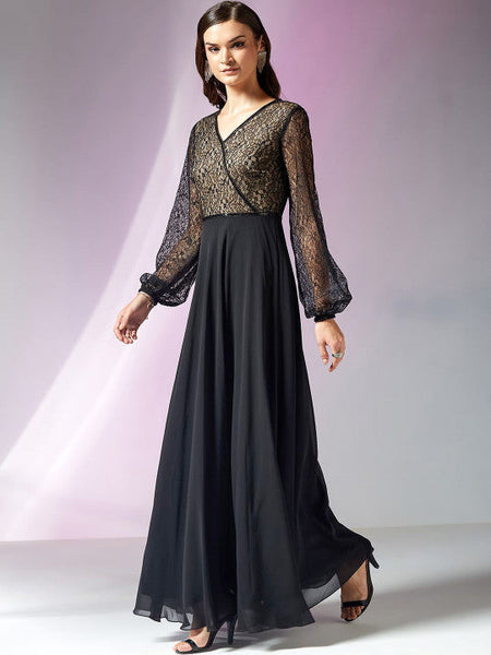 Black Lace Self-design Georgette Fit Flare Maxi Dress Balloon Sleeves Dresses VitansEthnics