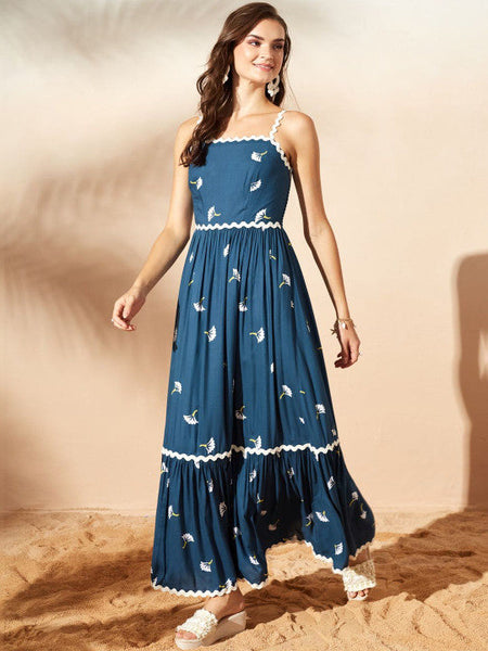 Women's Floral Print Ruffled Maxi Dress VitansEthnics