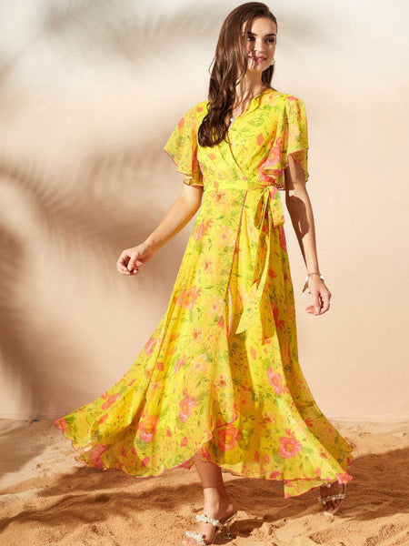 Women's Floral Print Flutter Sleeve Chiffon Midi Dress VitansEthnics