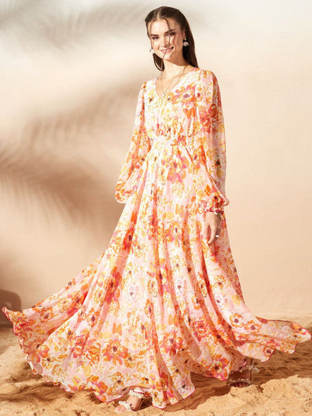Women's Floral Print Chiffon A-Line Maxi Dress VitansEthnics