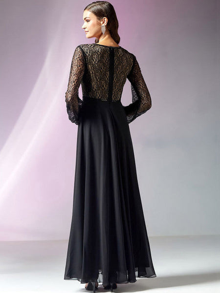Black Lace Self-design Georgette Fit Flare Maxi Dress Balloon Sleeves Dresses VitansEthnics