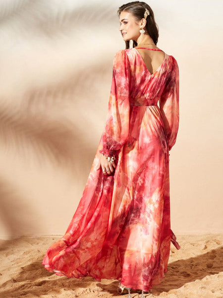 Women's Tie and Dye Print Chiffon Maxi Dress VitansEthnics